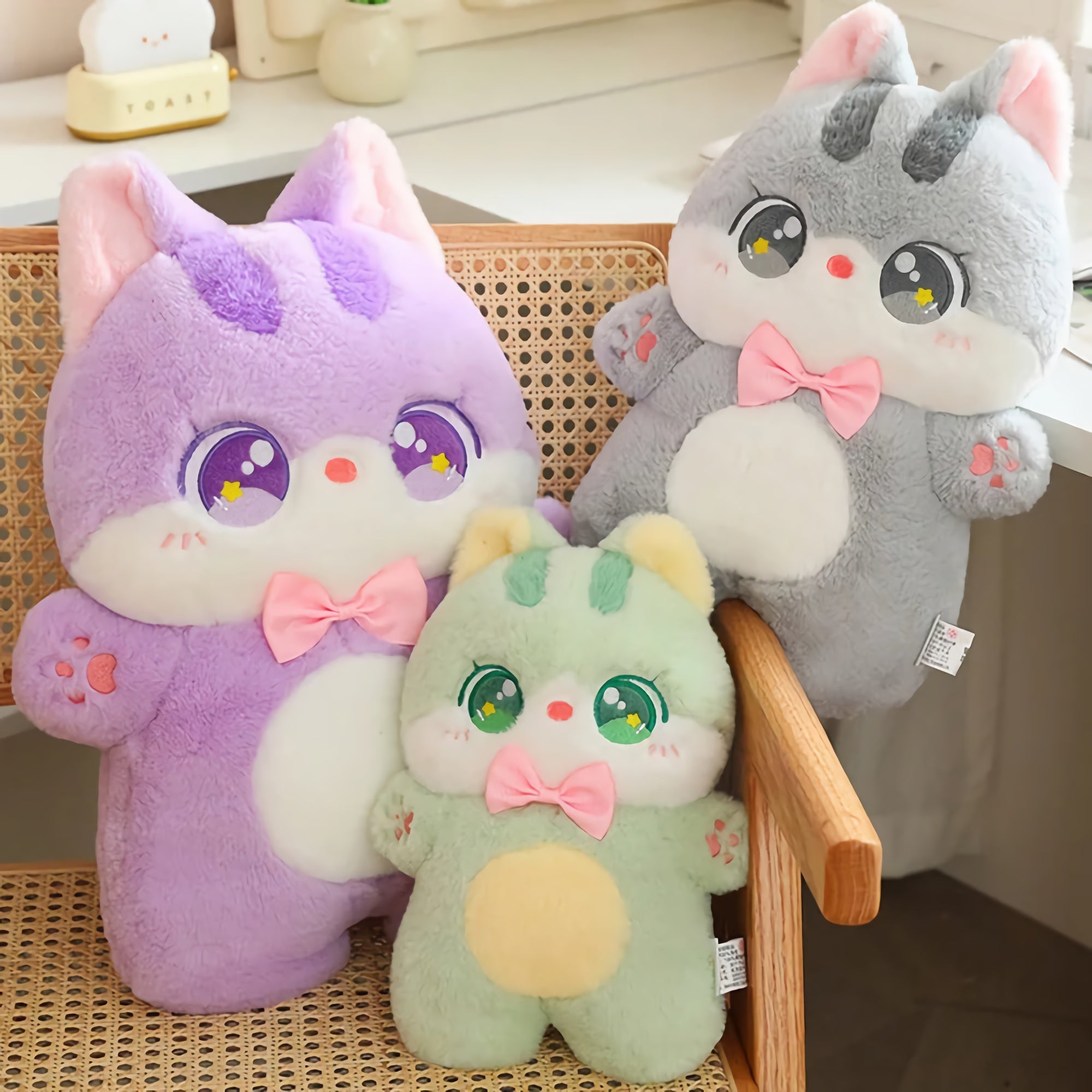 Big-Eyed Bowtie Kittens Plush Stuffed Animal - Hops and Pops - Cute - Plushies - Kawaii - Cat Plush - Purple - Green - Orange - Gray - Pink