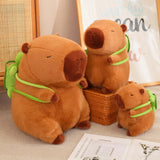 Three capybara plush with green backpacks, sitting on a surface with a decorative background.