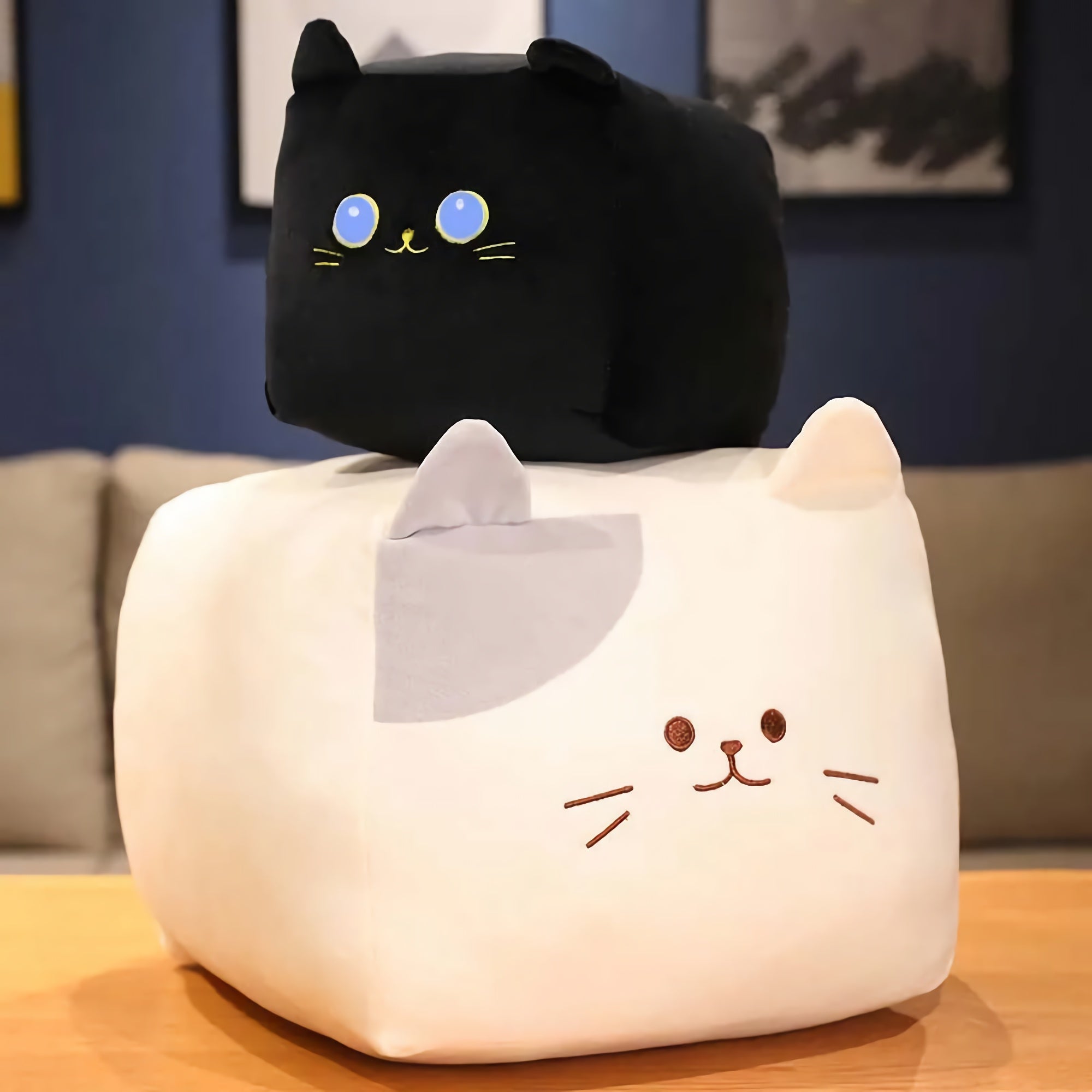 Chonk Cube Cats - Squishy Square Plush Pillows - Hops and Pops - Cute - Plushies - Kawaii - Cat Plush - Black - White