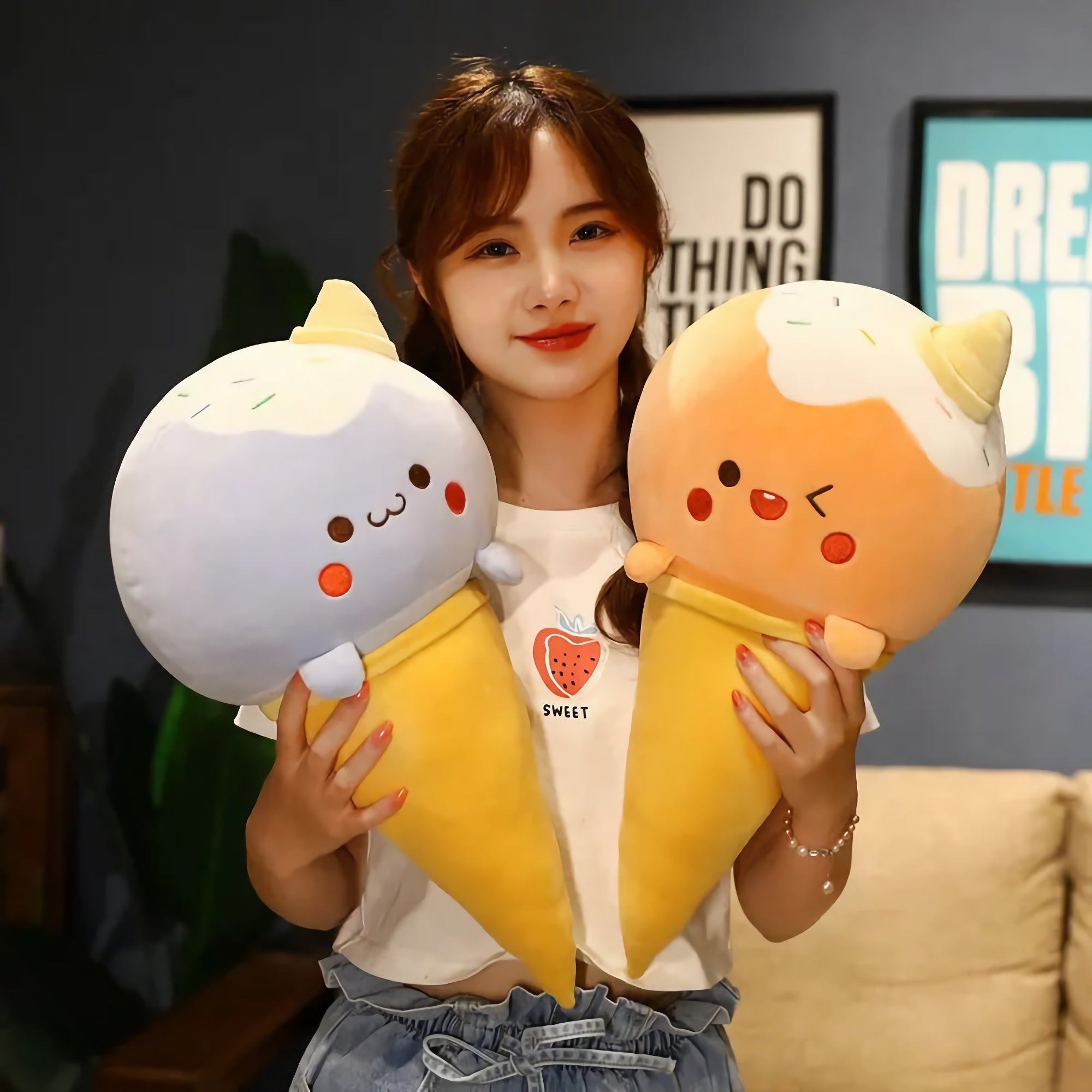 Cone Cuties, Kawaii Ice Cream Plush Cushions - Hops and Pops - Cute - Plushies - Kawaii - Sweets Plush - Yellow - Pink - White - Brown - Blue