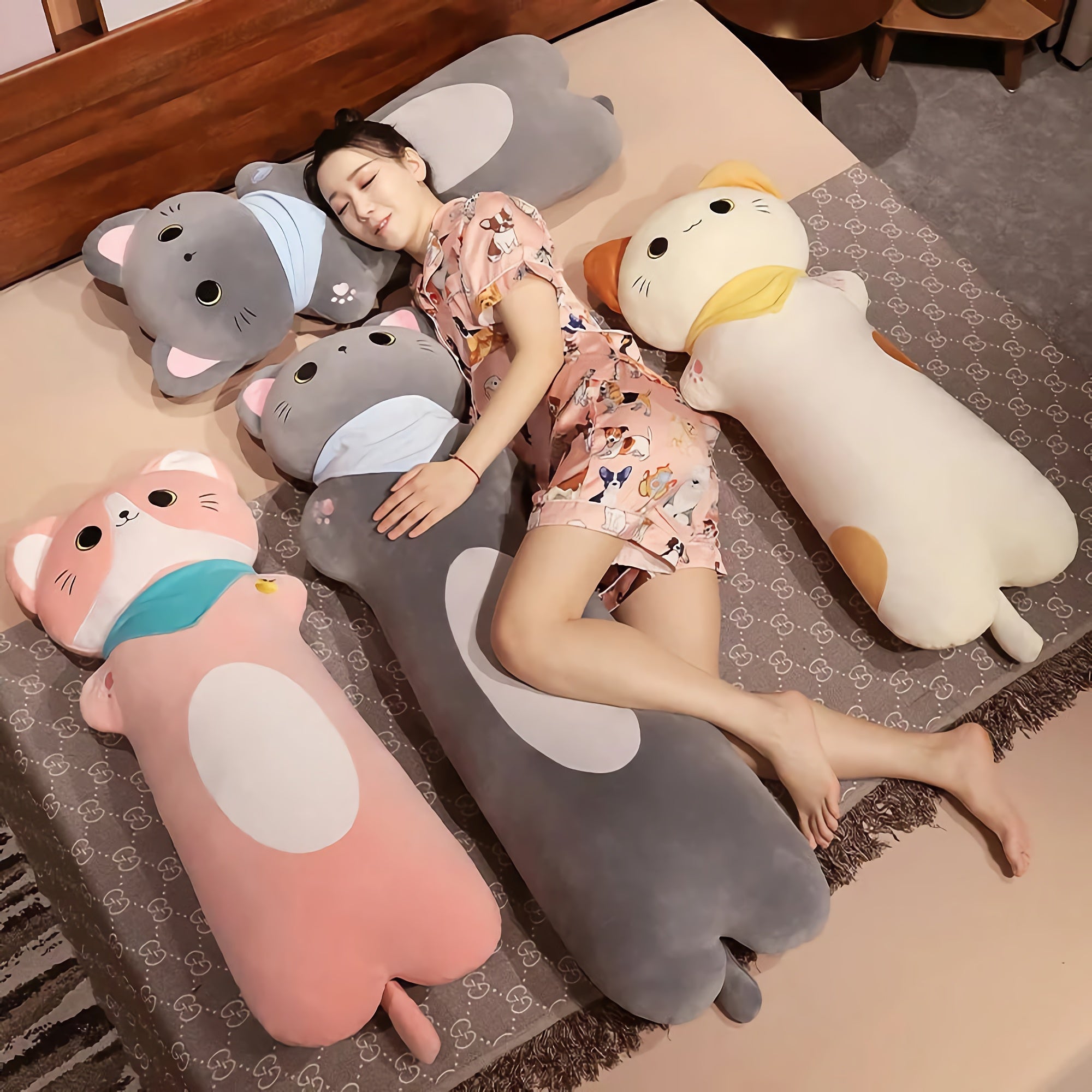 Cozy Scarf Cat Buddy Looong Plushie - Hops and Pops - Cute - Plushies - Kawaii - Cat Plush - Pink - White - Gray