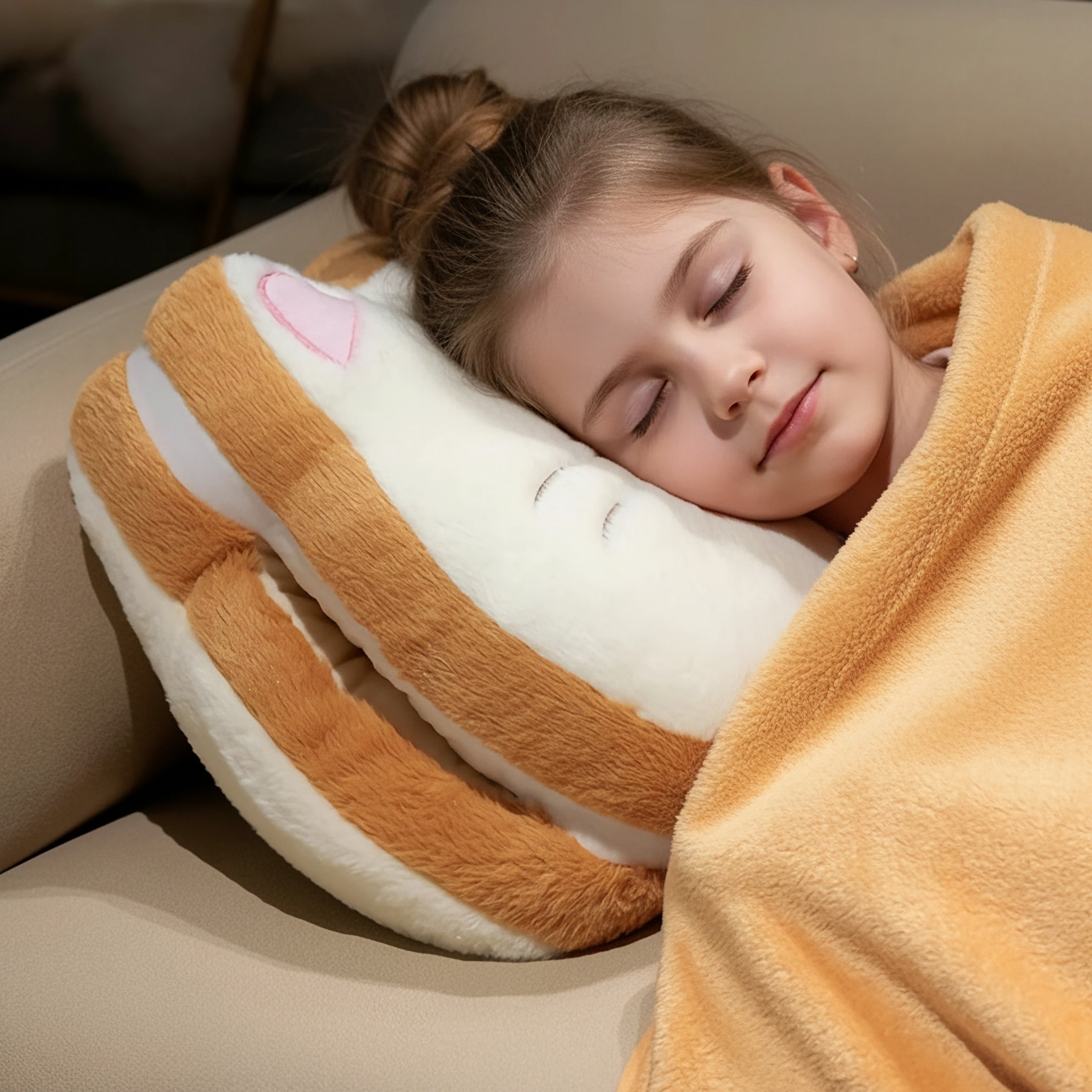 Child sleeping on a plush pillow with a blanket.