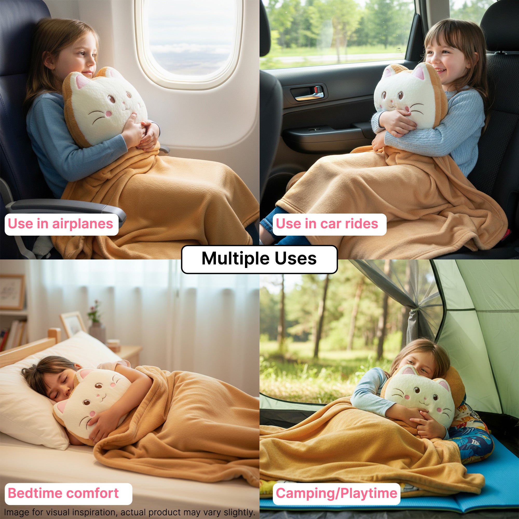 A girl uses a cozy blanket and pillow in various settings: on a plane, in a car, at bedtime, and while camping.