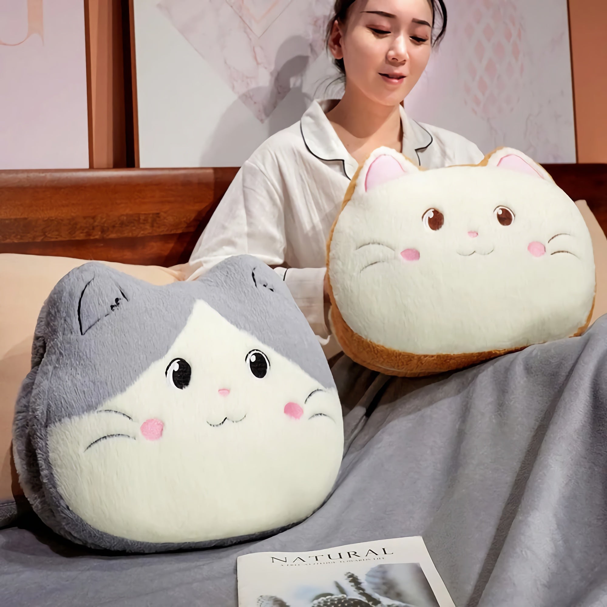 CozyCat 3-in-1 Plush Hand Warmer & Blanket Set - Hops and Pops - Cute - Plushies - Kawaii - Cat Plush - Happy Plush