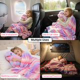 A girl cuddles a plush dinosaur while using a colorful blanket in various settings: airplane, car, bed, and tent.