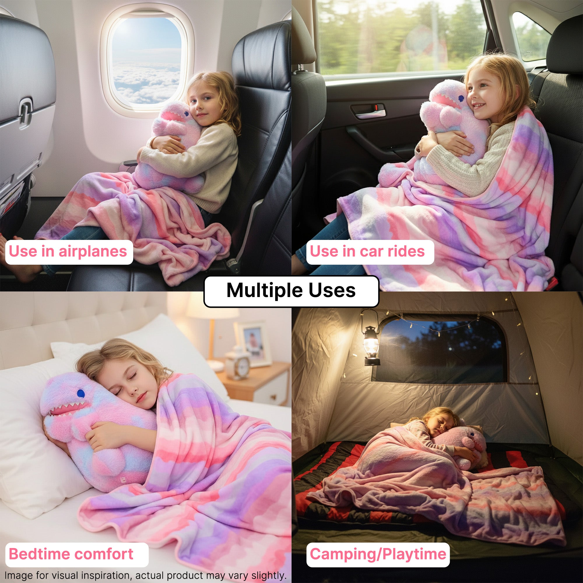 A girl cuddles a plush dinosaur while using a colorful blanket in various settings: airplane, car, bed, and tent.