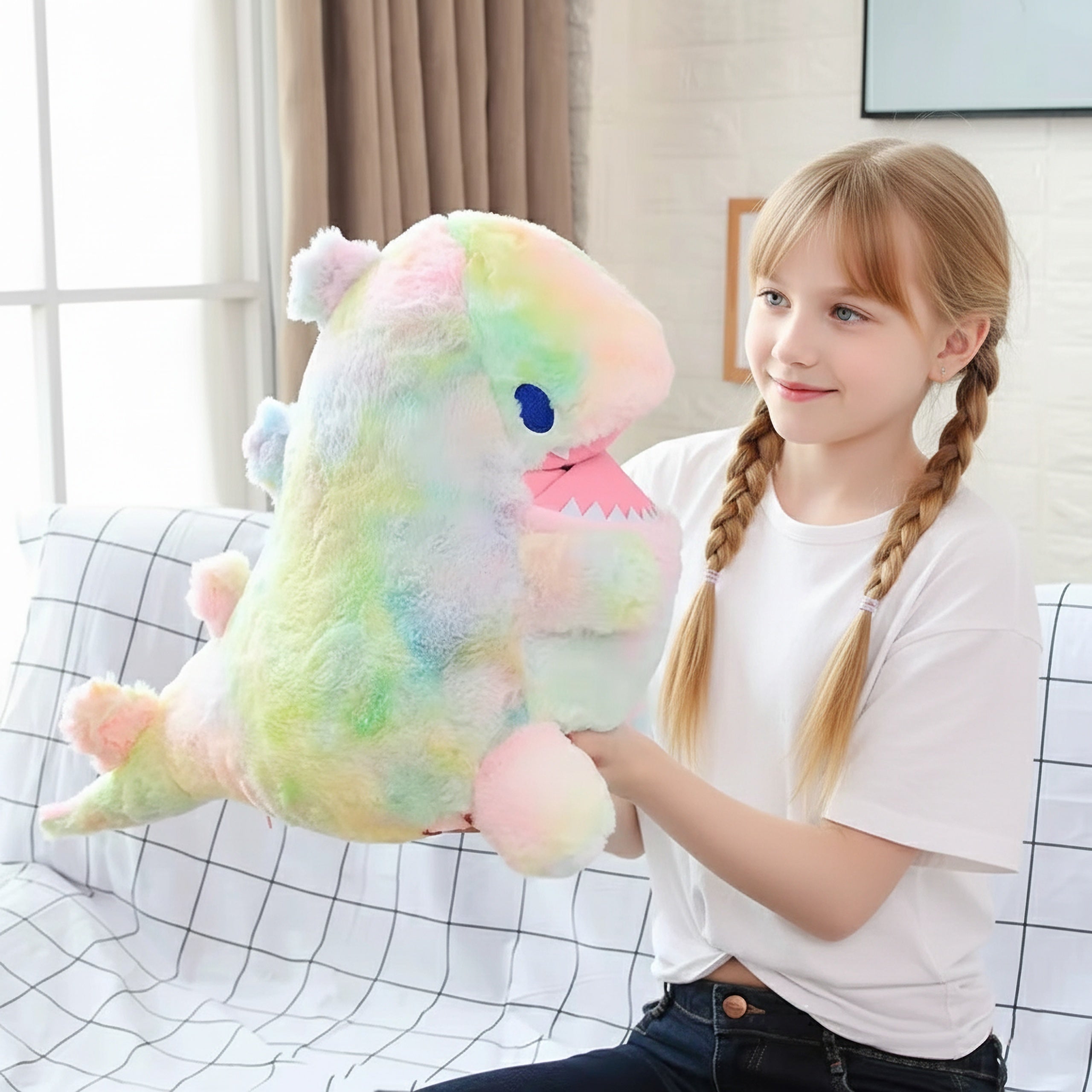 A girl holds a colorful dinosaur plush toy while sitting on a couch with a checkered blanket.