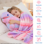 Child sleeping with a colorful dinosaur plush and blanket, icons indicating product features on the side.