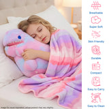 Child sleeping with a colorful dinosaur plush and blanket, icons indicating product features on the side.