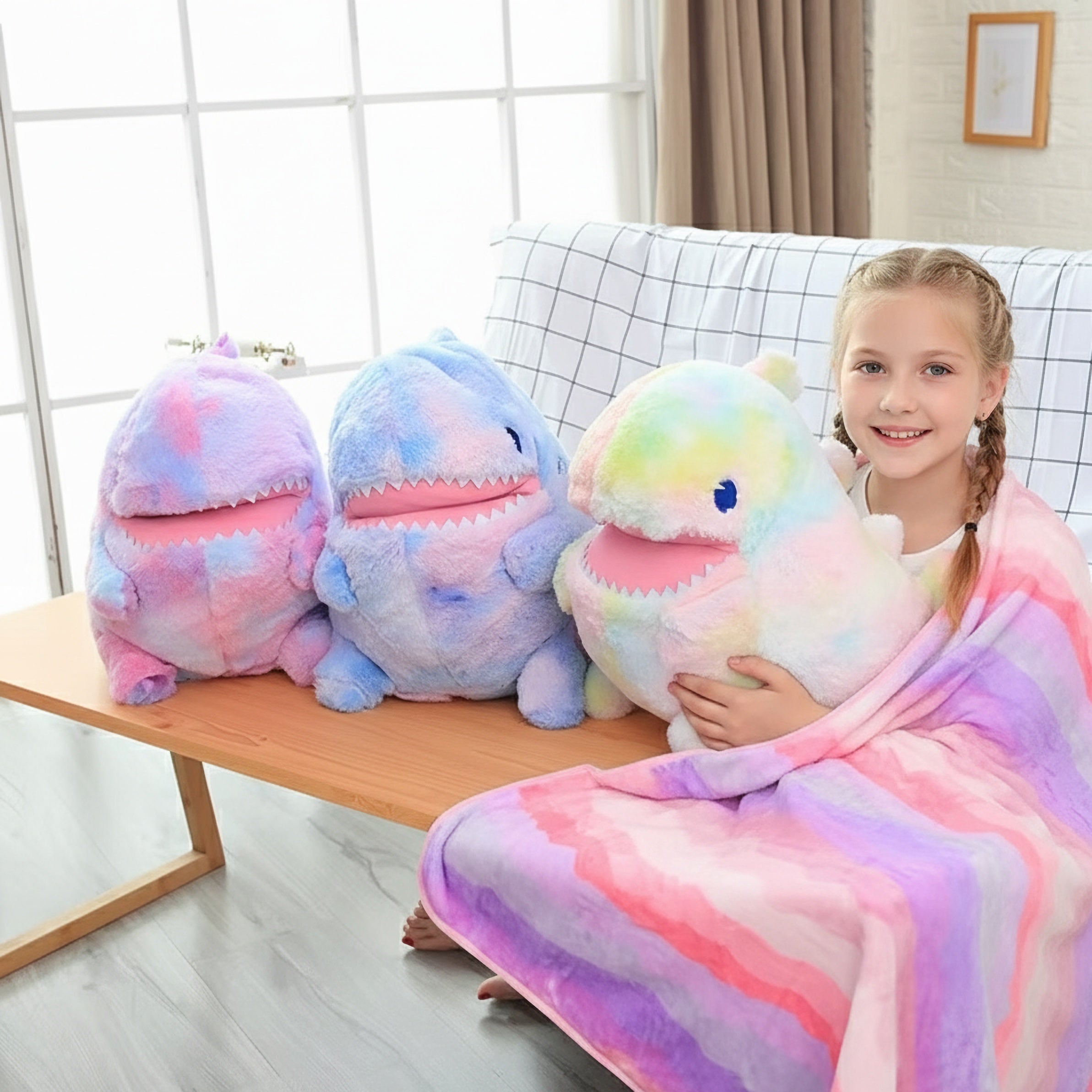A girl sits on a sofa holding a colorful plush dinosaur pillow, wrapped in a matching blanket, with two similar pillows nearb