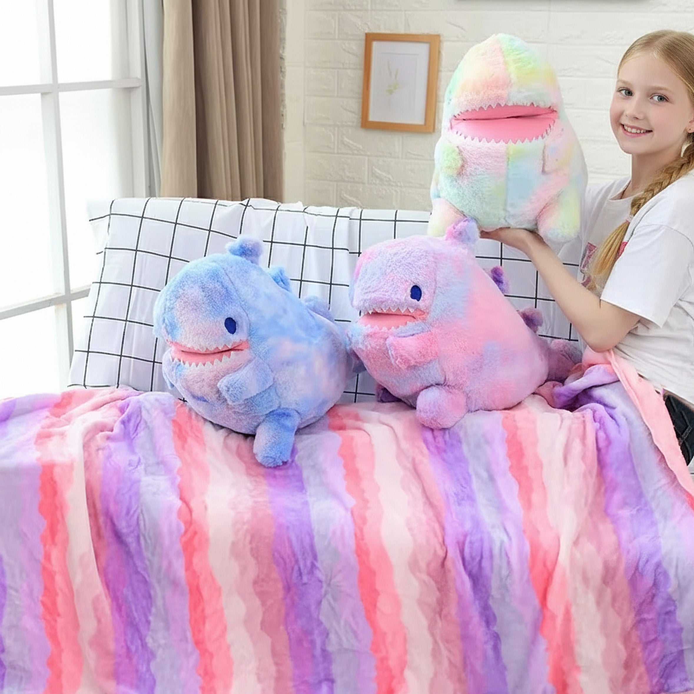 A girl holds a colorful plush dinosaur while sitting on a bed with a striped blanket and two similar plush toys.