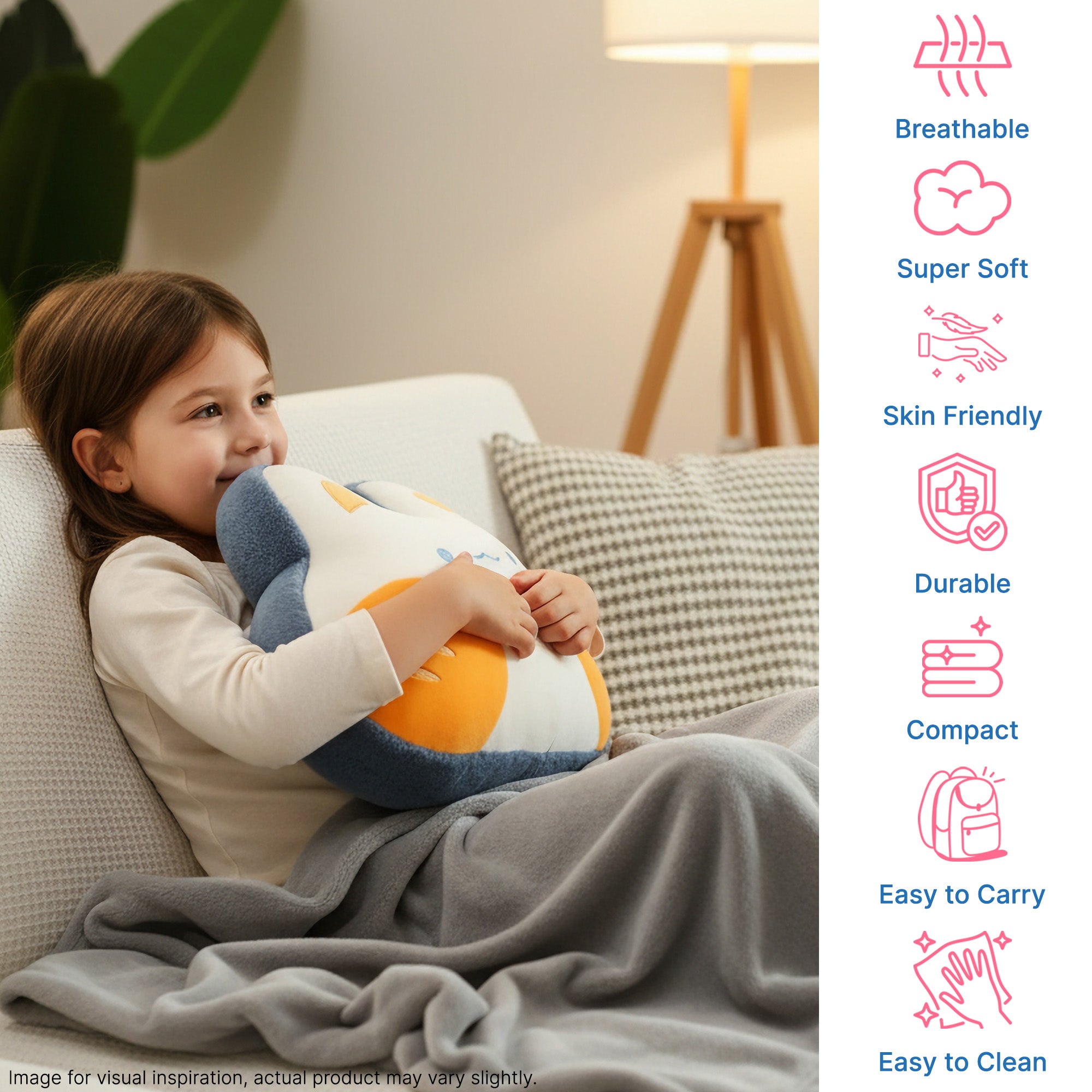 Child on a couch holding a plush pillow with a gray blanket, icons and text on the side.