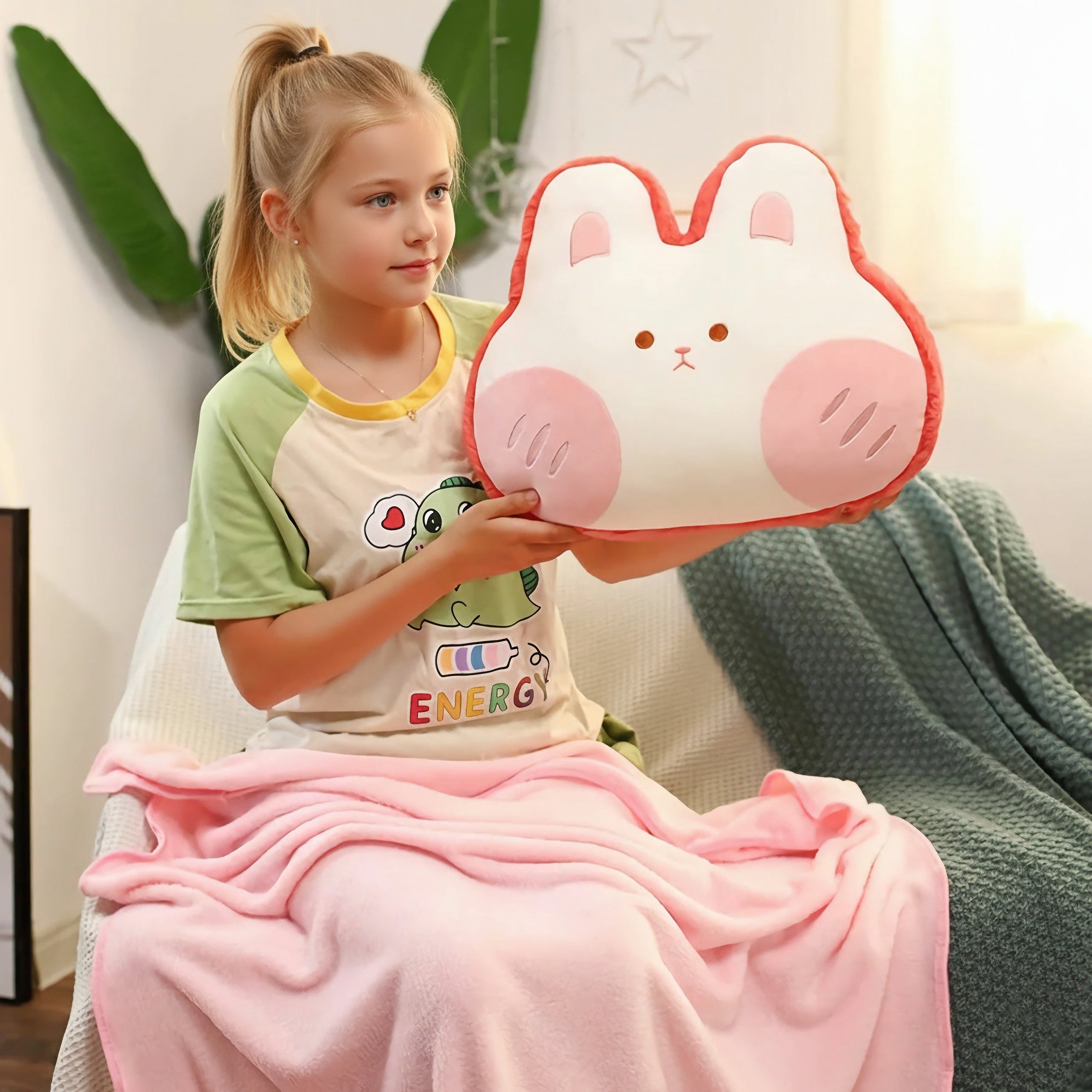 Girl sitting on a couch holding a pink bunny-shaped pillow, with a soft pink blanket draped over her legs.