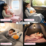 Children using a plush pillow and blanket set in various settings: airplane, car, bed, and tent.