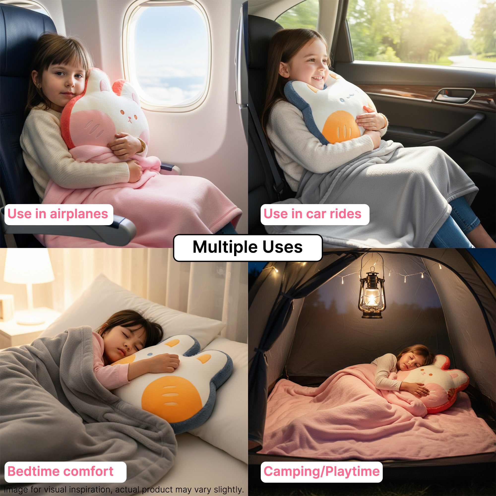 Children using a plush pillow and blanket set in various settings: airplane, car, bed, and tent.