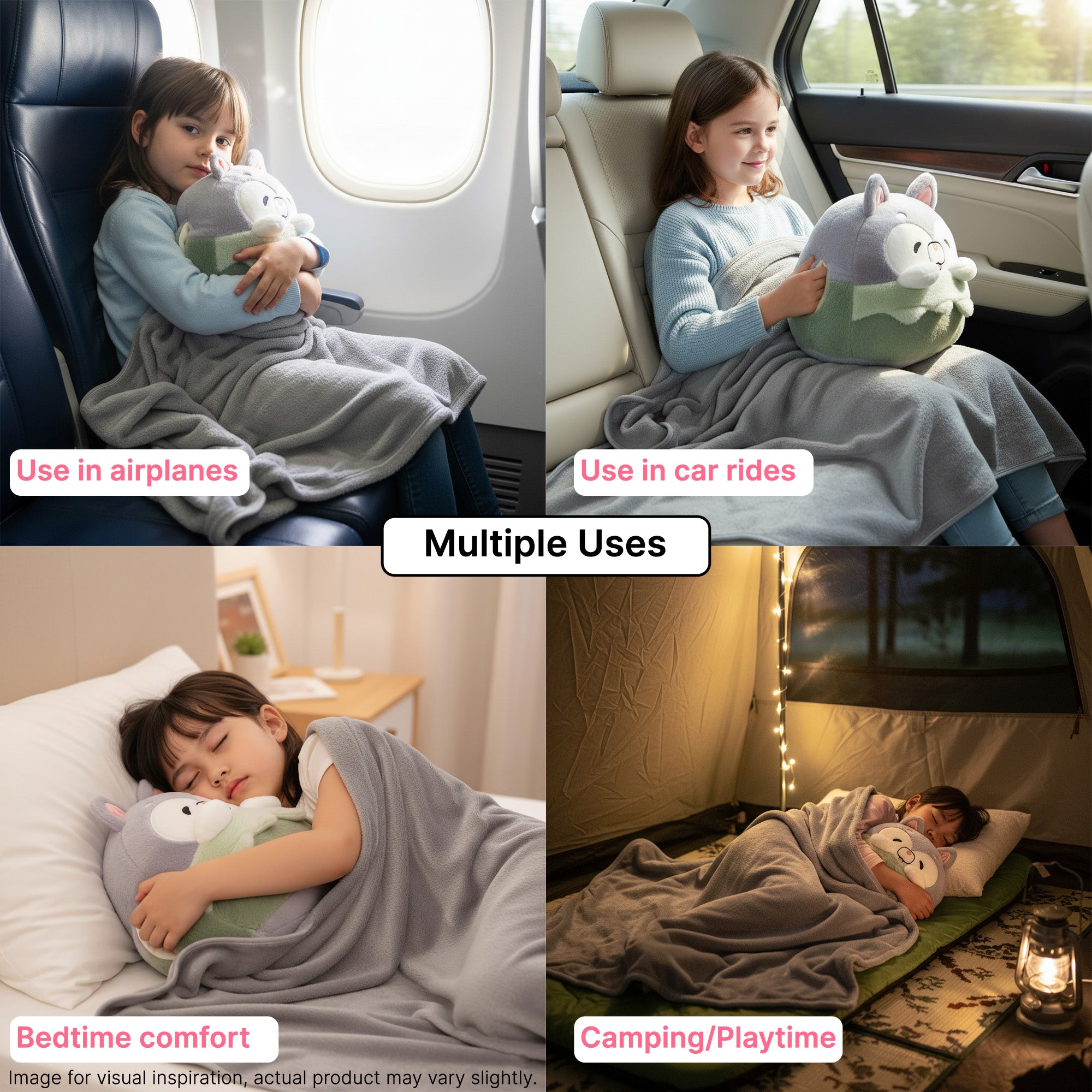 A girl cuddles a plush pillow while using a travel blanket in various settings: airplane, car, bedtime, and camping.