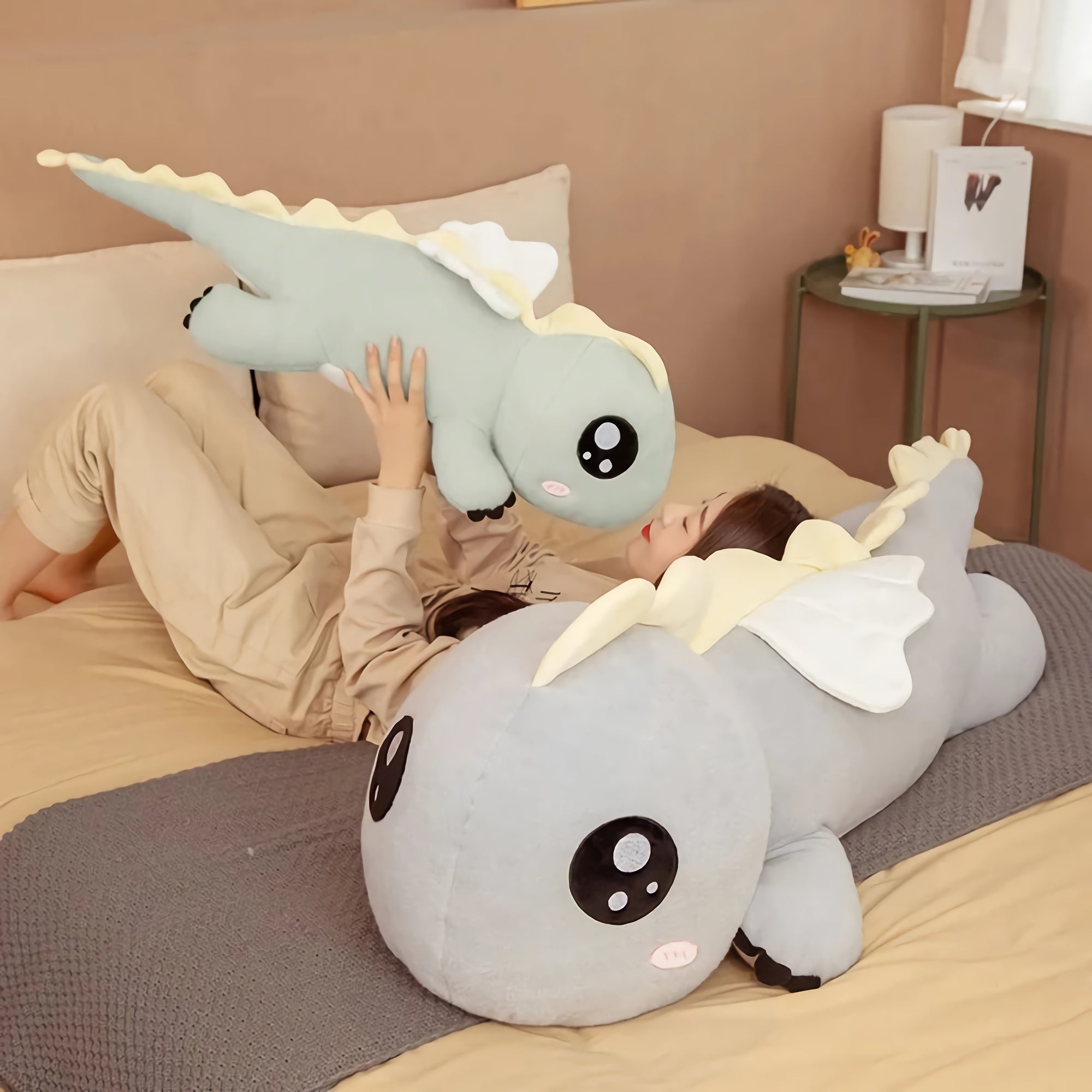 Dreamy Dino Long Hug Plushie - Hops and Pops - Cute - Plushies - Kawaii - Dinosaur Plush - Whimsical Plush