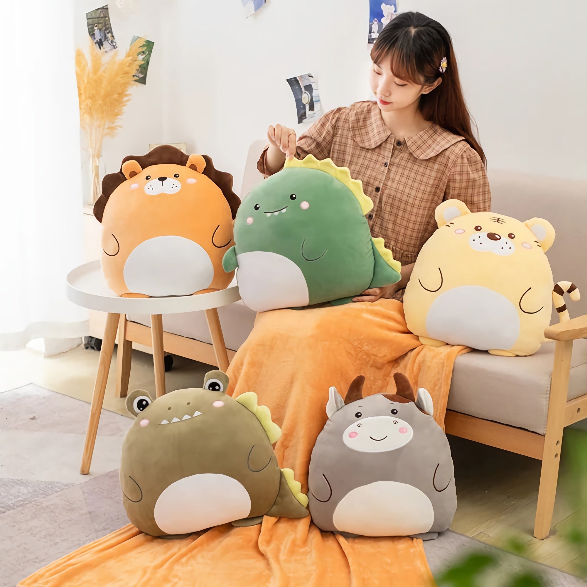 Fluffy Forest Friends Blanket Plush Set - Hops and Pops - Cute - Plushies - Kawaii - Bear Plush - Cow Plush - Crocodile Plush - Dinosaur Plush - Fruits Plush - Lion Plush - Tiger Plush - Unicorn Plush - Orange - Yellow - Green - Pink - Gray - Brown