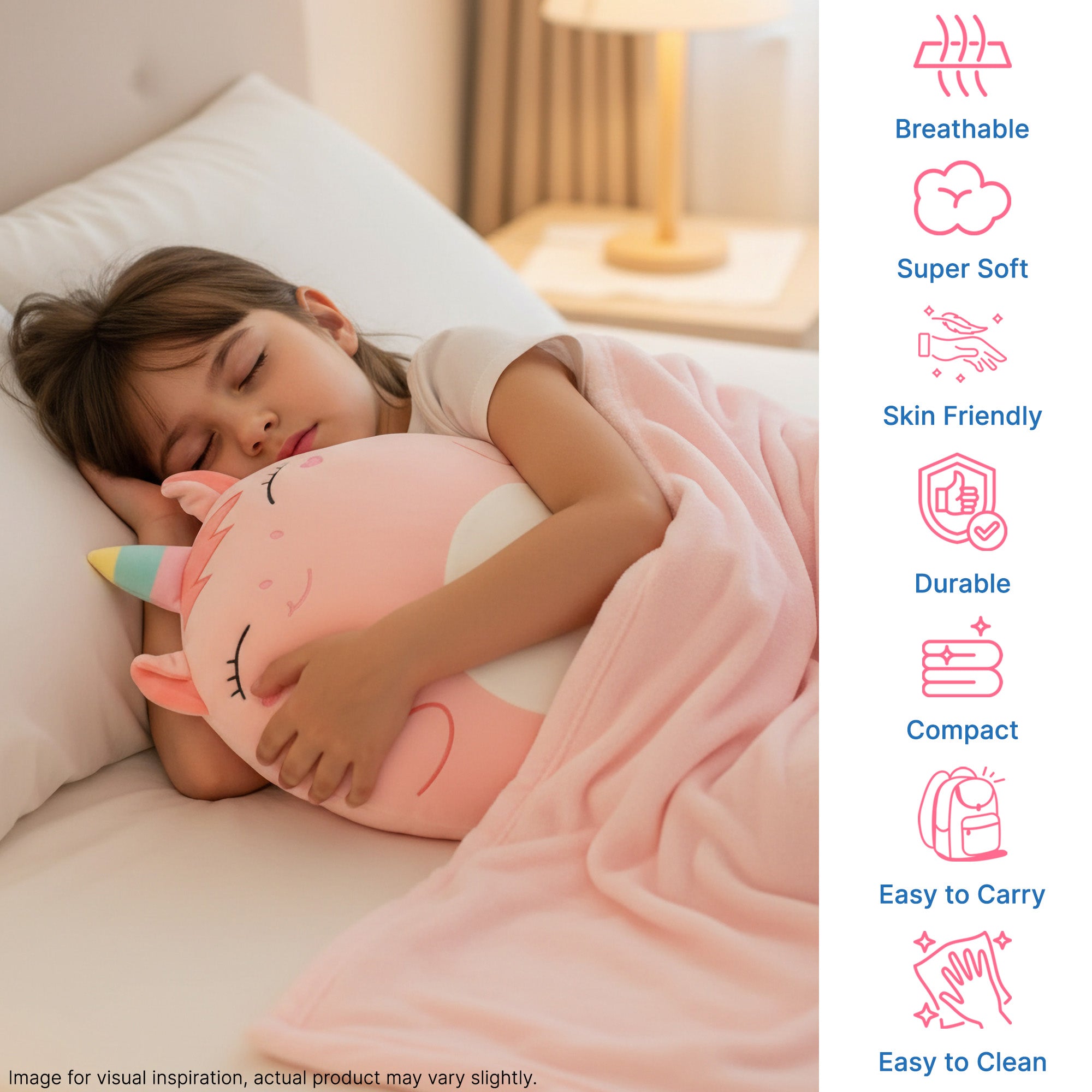A child sleeps peacefully with a pink unicorn pillow, wrapped in a soft blanket, in a cozy bedroom setting.