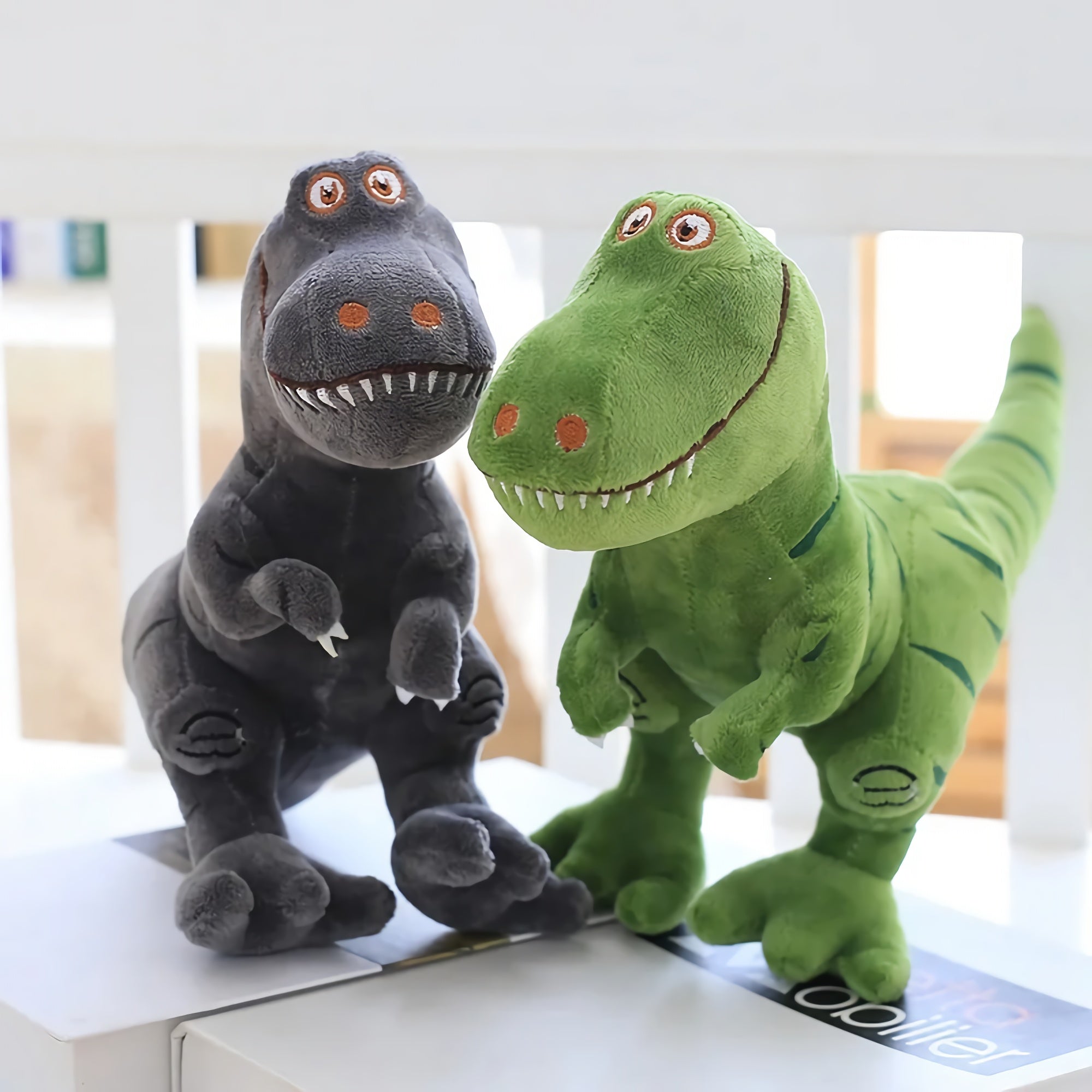 Grin-o-Saurus Happy T-Rex Plushies - Hops and Pops - Cute - Plushies - Kawaii - Dinosaur Plush - Green - Gray