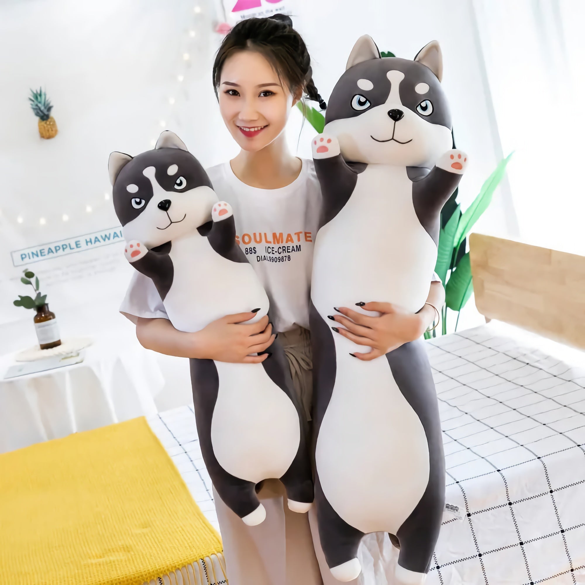 GrumpyPaw Husky, The Moody Hugger - Hops and Pops - Cute - Plushies - Kawaii - Dog Plush - Black - White