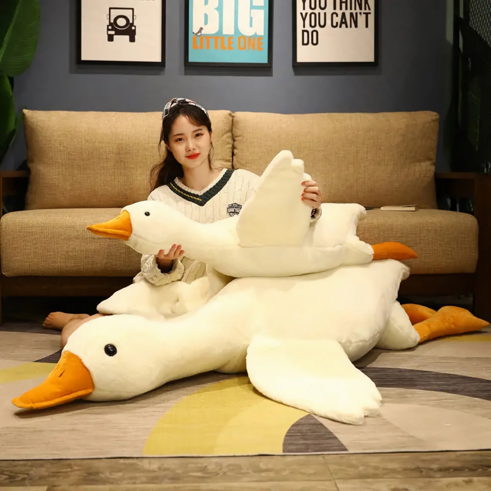 Honk & Snooze Giant Goose Looong Plush Pillow - Hops and Pops - Cute - Plushies - Kawaii - Duck Plush - Gray - Blue - White - Yellow - Pink - Brown