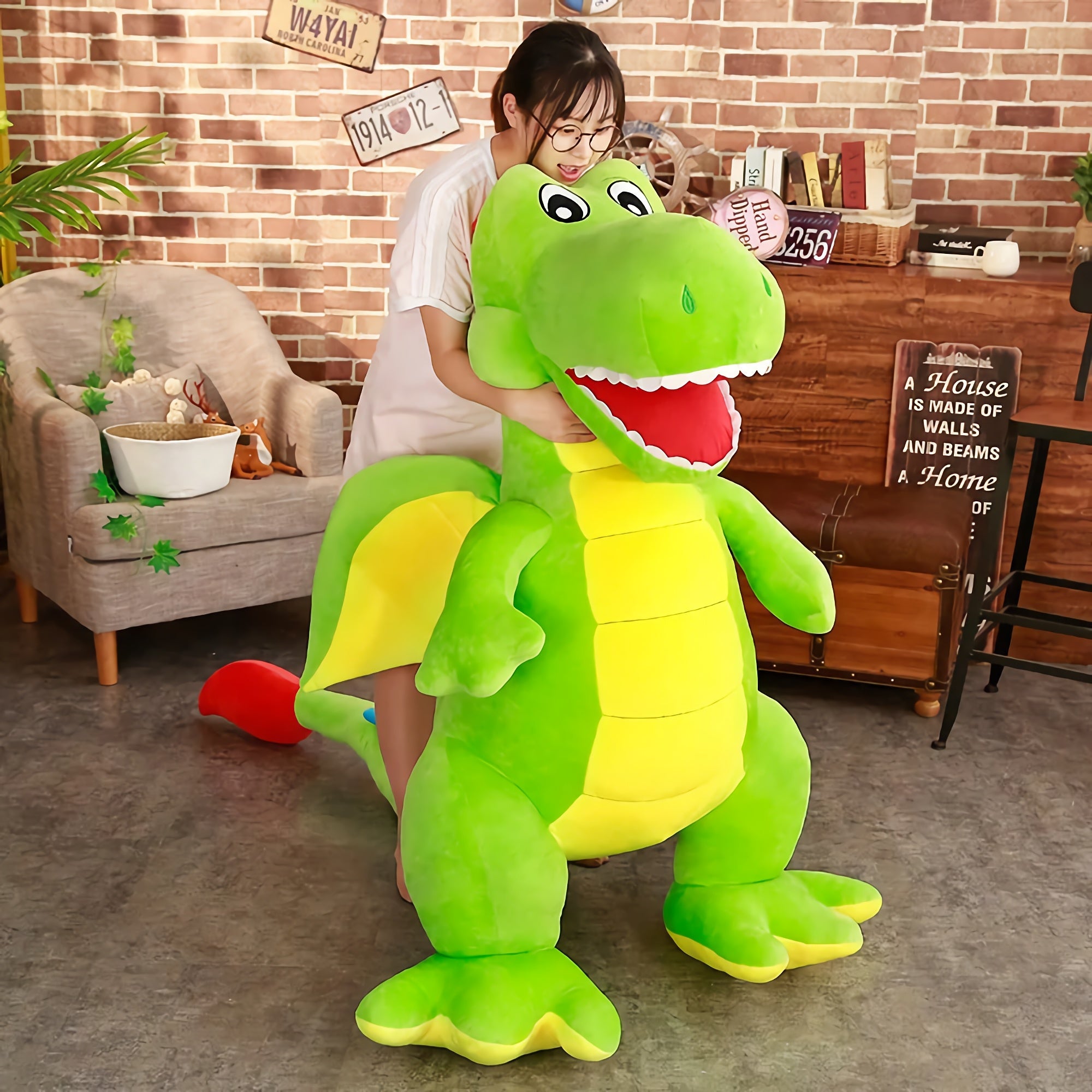 Jumbo Tyrannosaurus Dino Buddies Plush - Hops and Pops - Cute - Plushies - Kawaii - Dinosaur Plush - Green - Pink