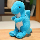 Blue plush dinosaur toy with a rounded head and small arms, sitting on a wooden surface.