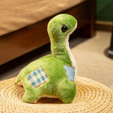 Green plush dinosaur with a stitched blue patch, sitting on a woven mat in a cozy room setting.