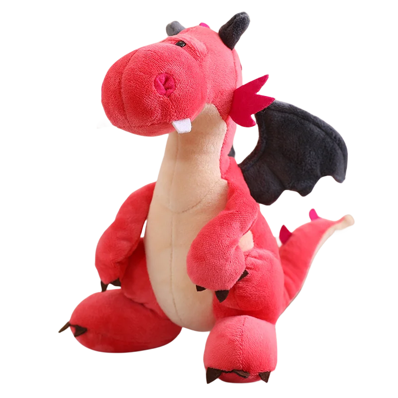Red plush dragon with black wings, a round head, and a soft body, sitting upright.