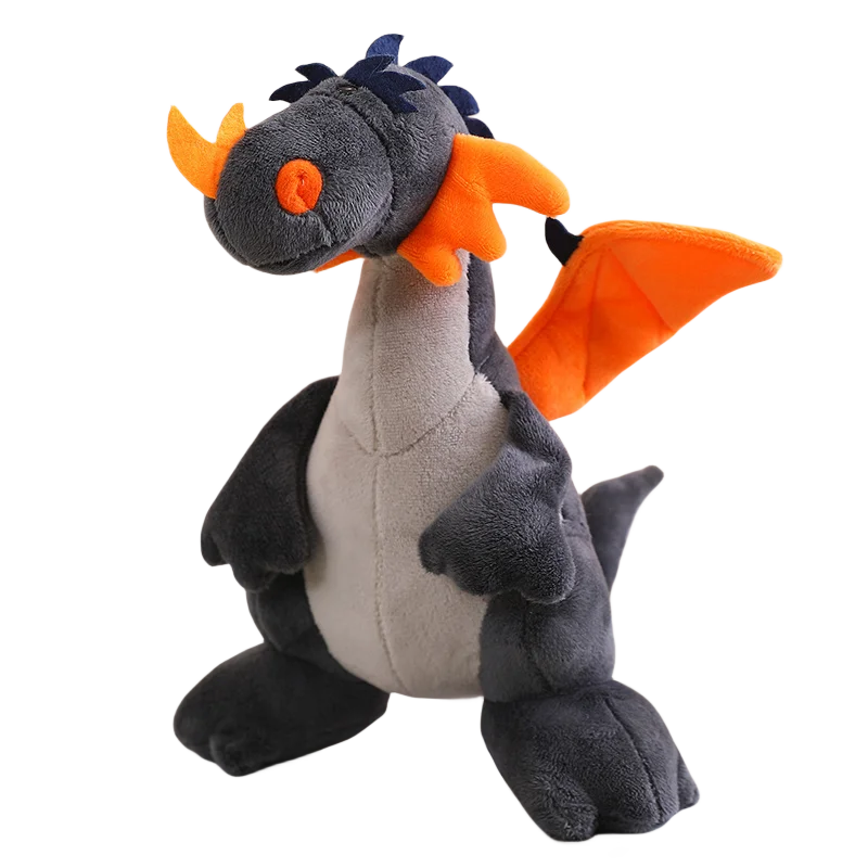 Plush dragon toy with orange wings and a gray body, featuring a friendly expression and soft textures.