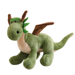 A green plush dragon with wings, large eyes, and a friendly expression, sitting on a flat surface.