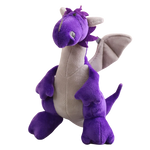 Purple plush dragon with gray belly and wings, standing upright with a friendly expression.