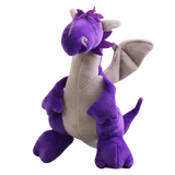 Purple plush dragon with gray belly and wings, standing upright with a friendly expression.