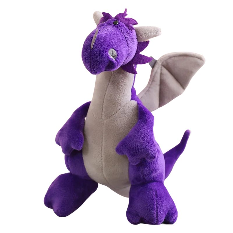 Purple plush dragon with gray belly and wings, standing upright with a friendly expression.