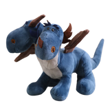 Blue plush toy with two heads, small wings, and a friendly expression, resembling a dragon and dinosaur hybrid.