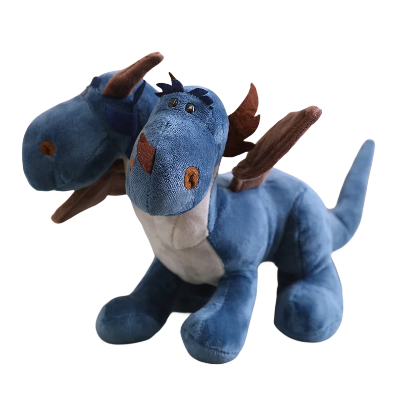 Blue plush toy with two heads, small wings, and a friendly expression, resembling a dragon and dinosaur hybrid.