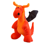 Plush orange dragon with black wings, standing upright and smiling, featuring soft fabric and rounded shapes.