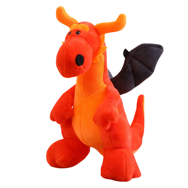Plush orange dragon with black wings, standing upright and smiling, featuring soft fabric and rounded shapes.