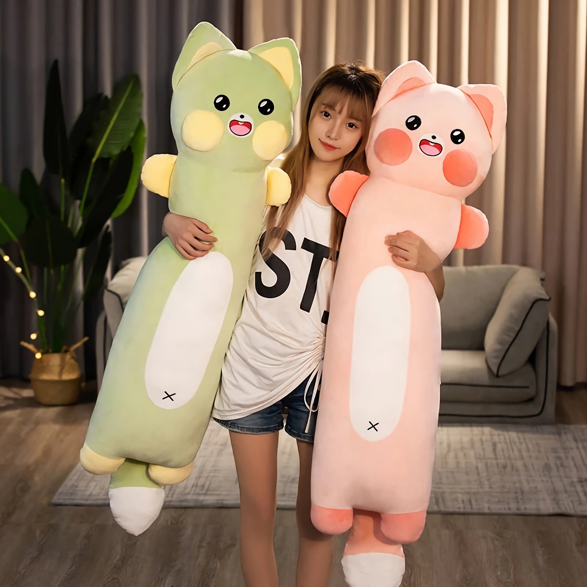 Long Tail Buddies Looong Plushies - Hops and Pops - Cute - Plushies - Kawaii - Cat Plush - Raccoon Plush - Fox Plush - Green - Pink - Gray