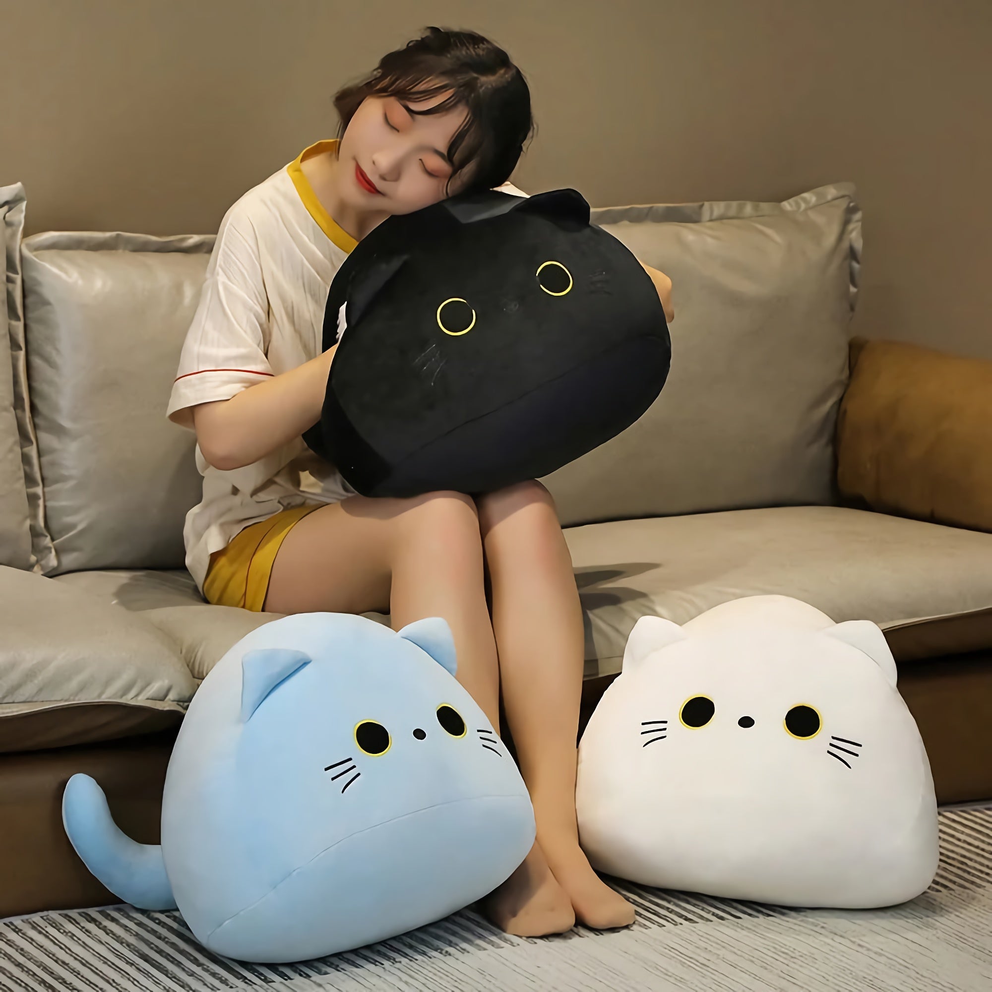 Mochi Meow Chubby Cat Plushie - Hops and Pops - Cute - Plushies - Kawaii - Cat Plush - White - Orange - Black - Blue