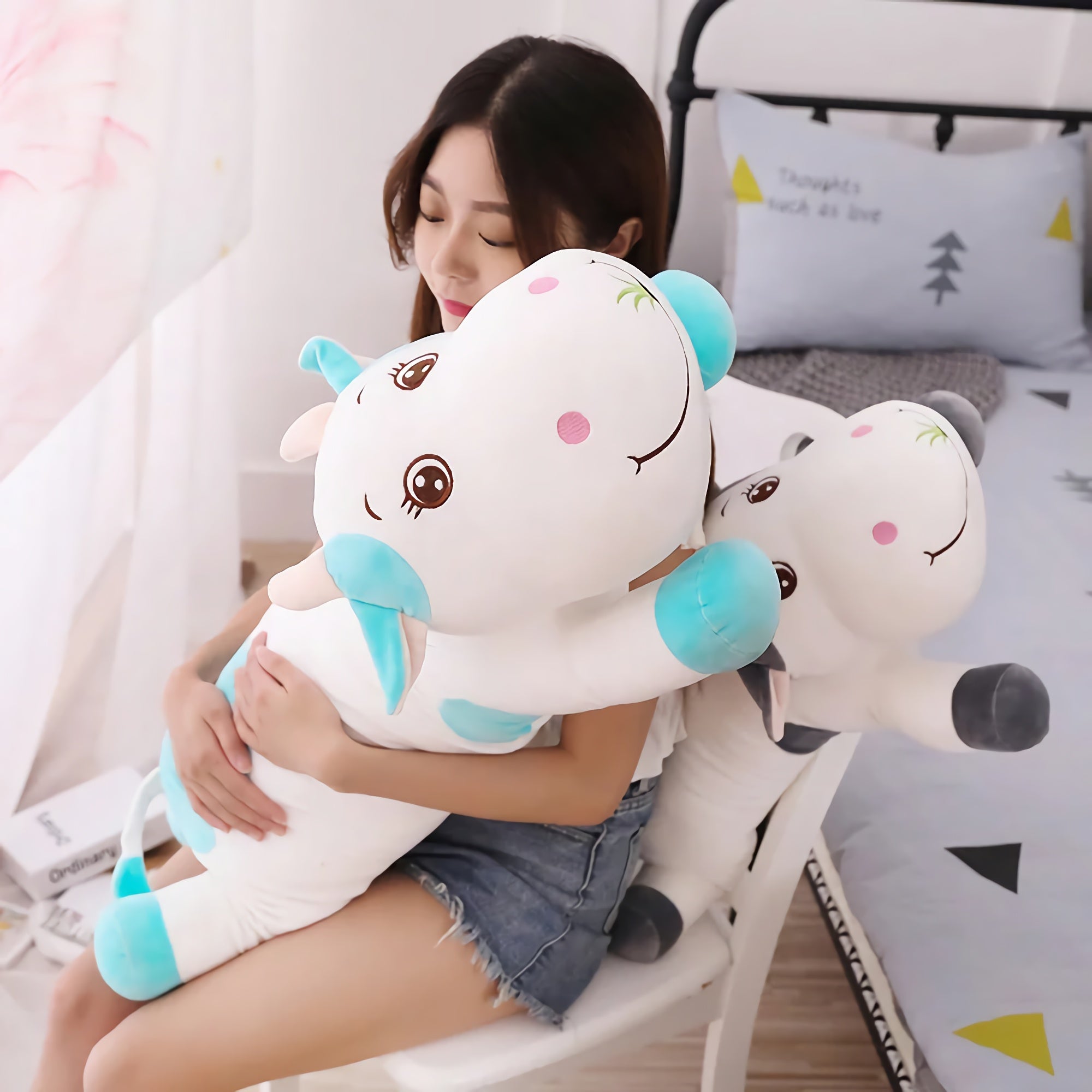 MooBuddies Huggable Looong Cow Plush - Hops and Pops - Cute - Plushies - Kawaii - Cow Plush - Features: Large Face