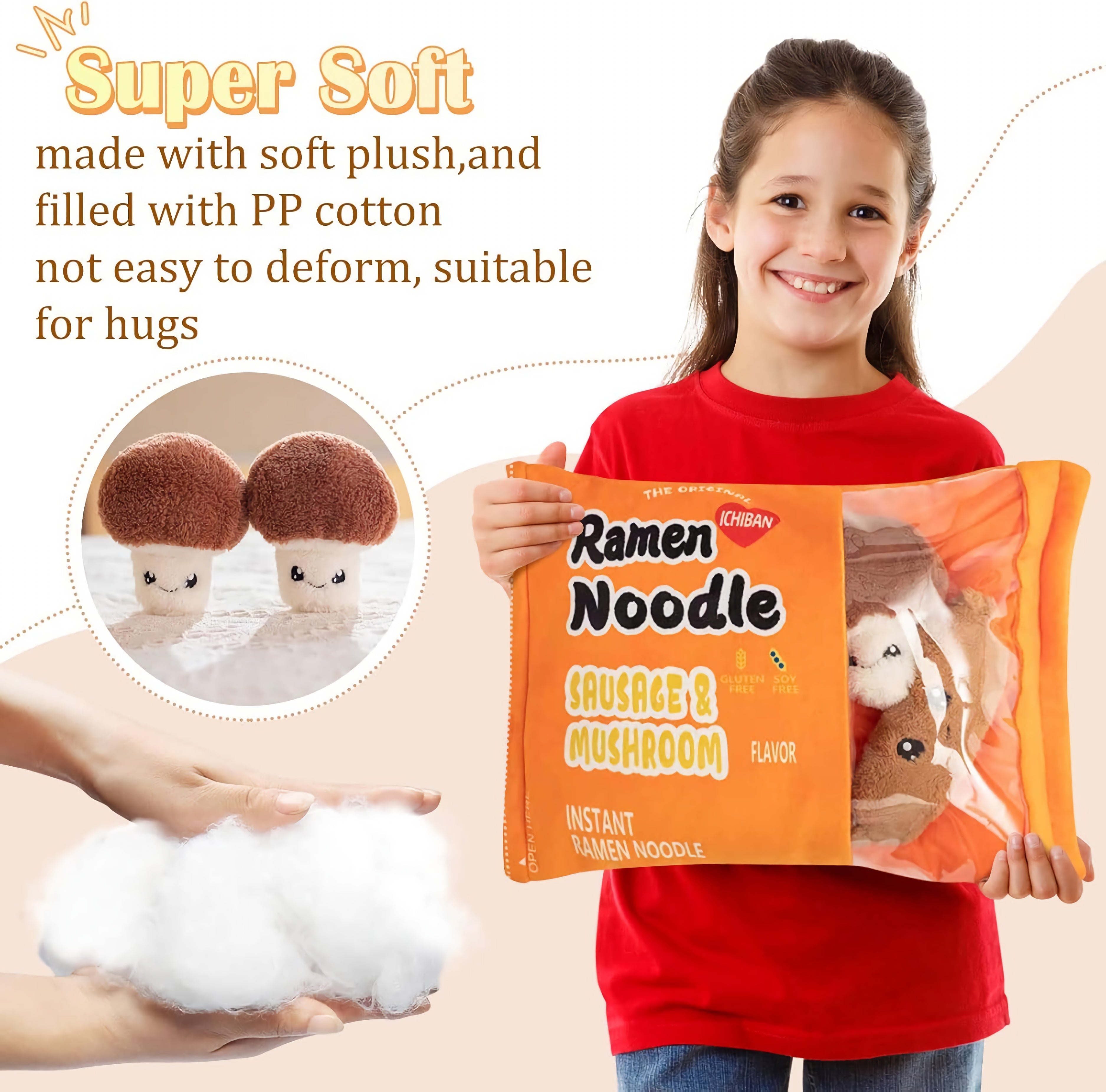 Orange Ramen Sausage & Mushroom Peeakaboo Plush Set - Hops and Pops - Cute - Plushies - Kawaii - Stuffed Animals