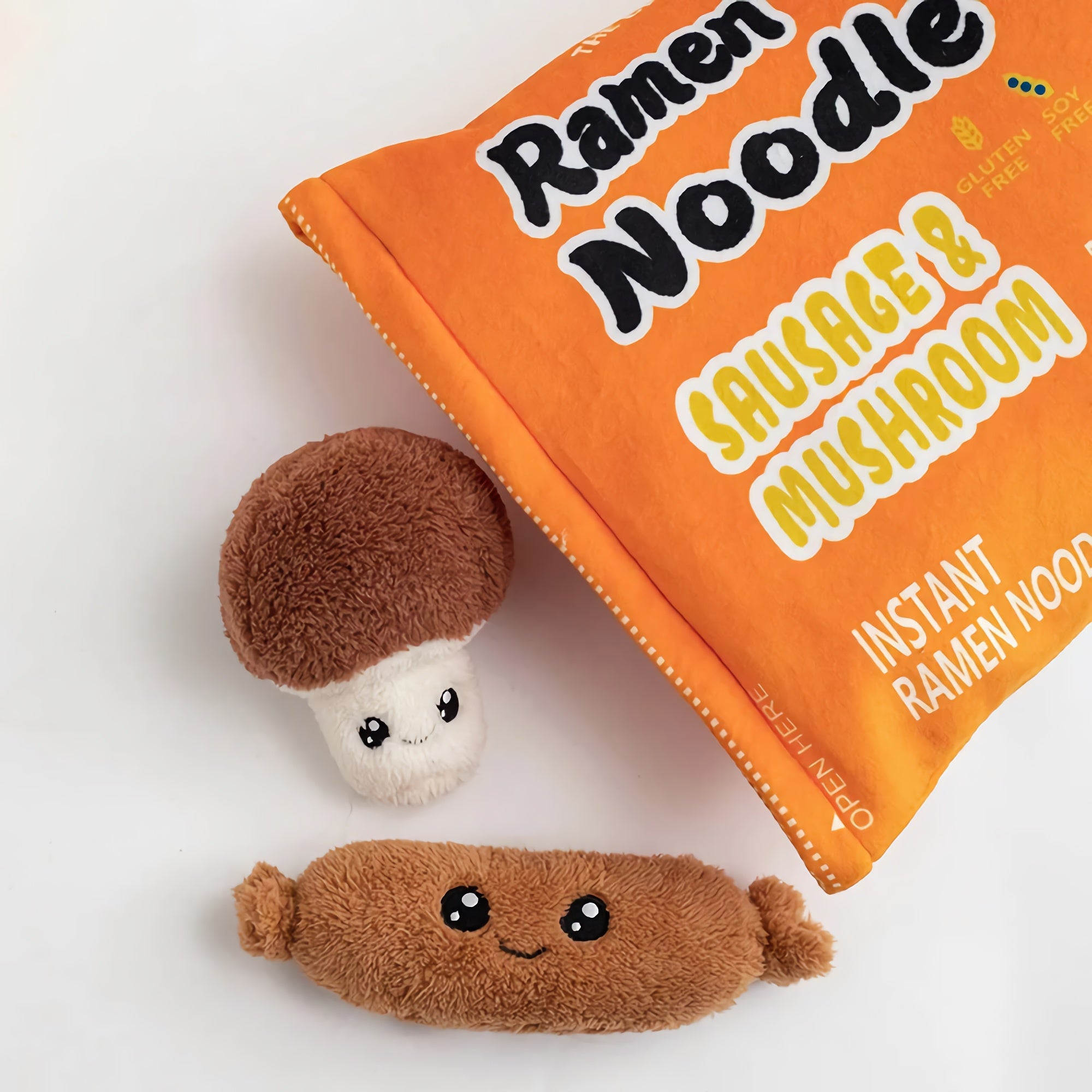 Orange Ramen Sausage & Mushroom Peeakaboo Plush Set - Hops and Pops - Cute - Plushies - Kawaii - Orange