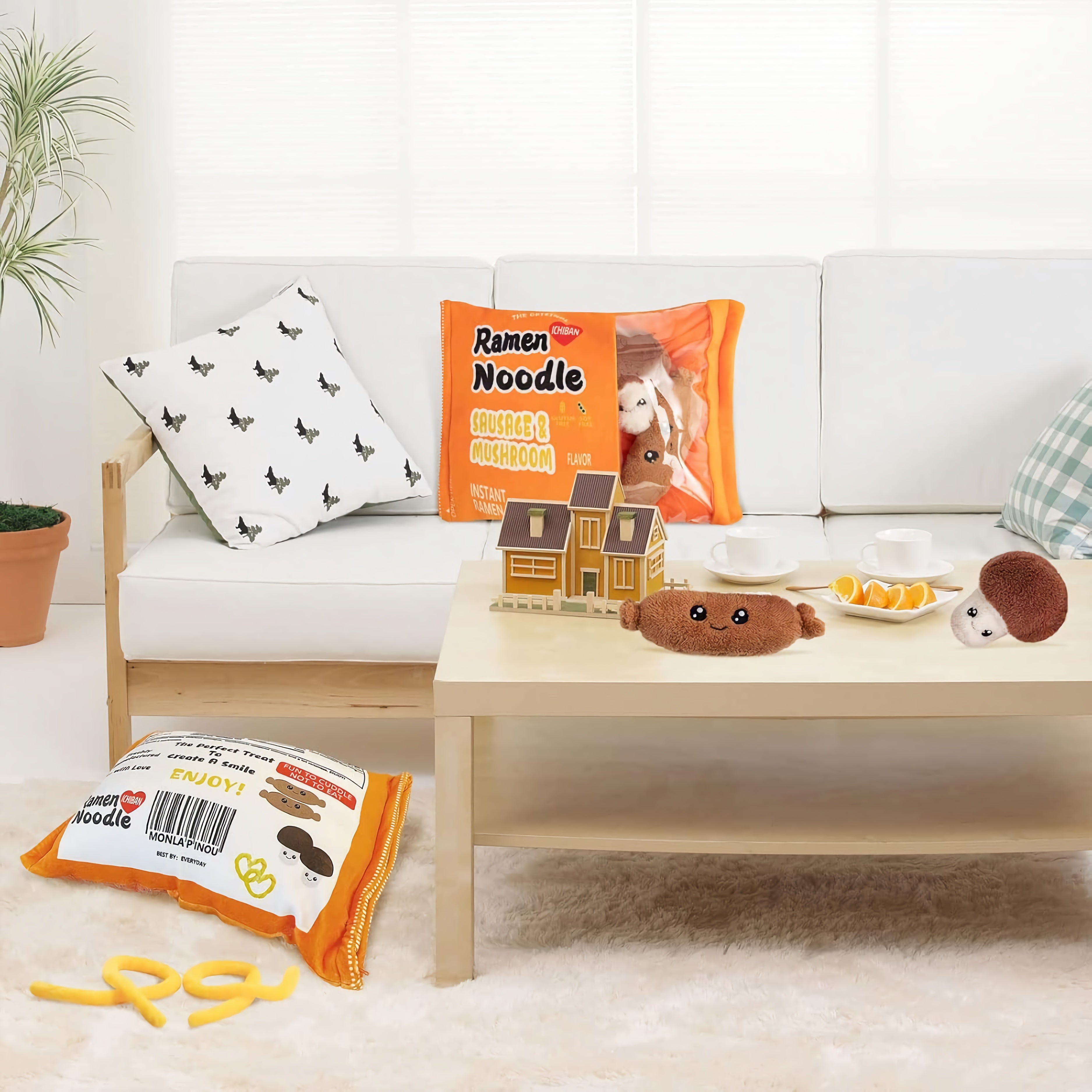 Orange Ramen Sausage & Mushroom Peeakaboo Plush Set - Hops and Pops - Cute - Plushies - Kawaii - Stuffed Animals