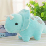 Pastel blue dinosaur plush toy with white accents and black eyes, sitting on a striped surface.