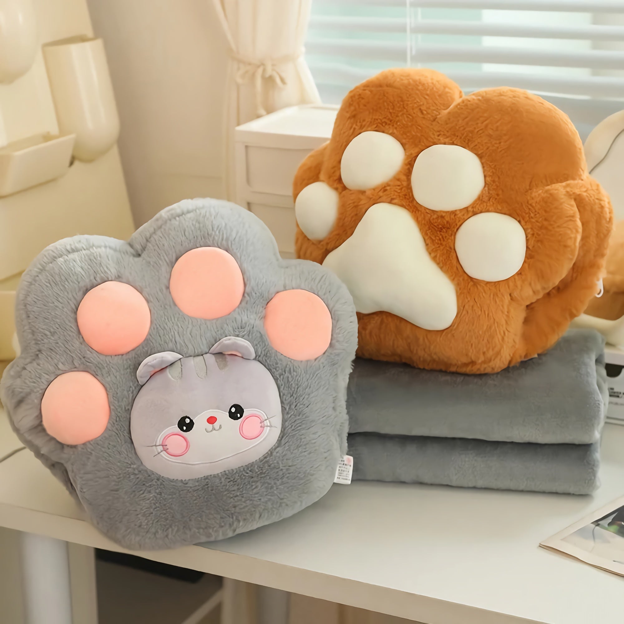Plush paw-shaped pillows in gray and orange, with a cute animal face on the gray one, resting on a gray blanket.