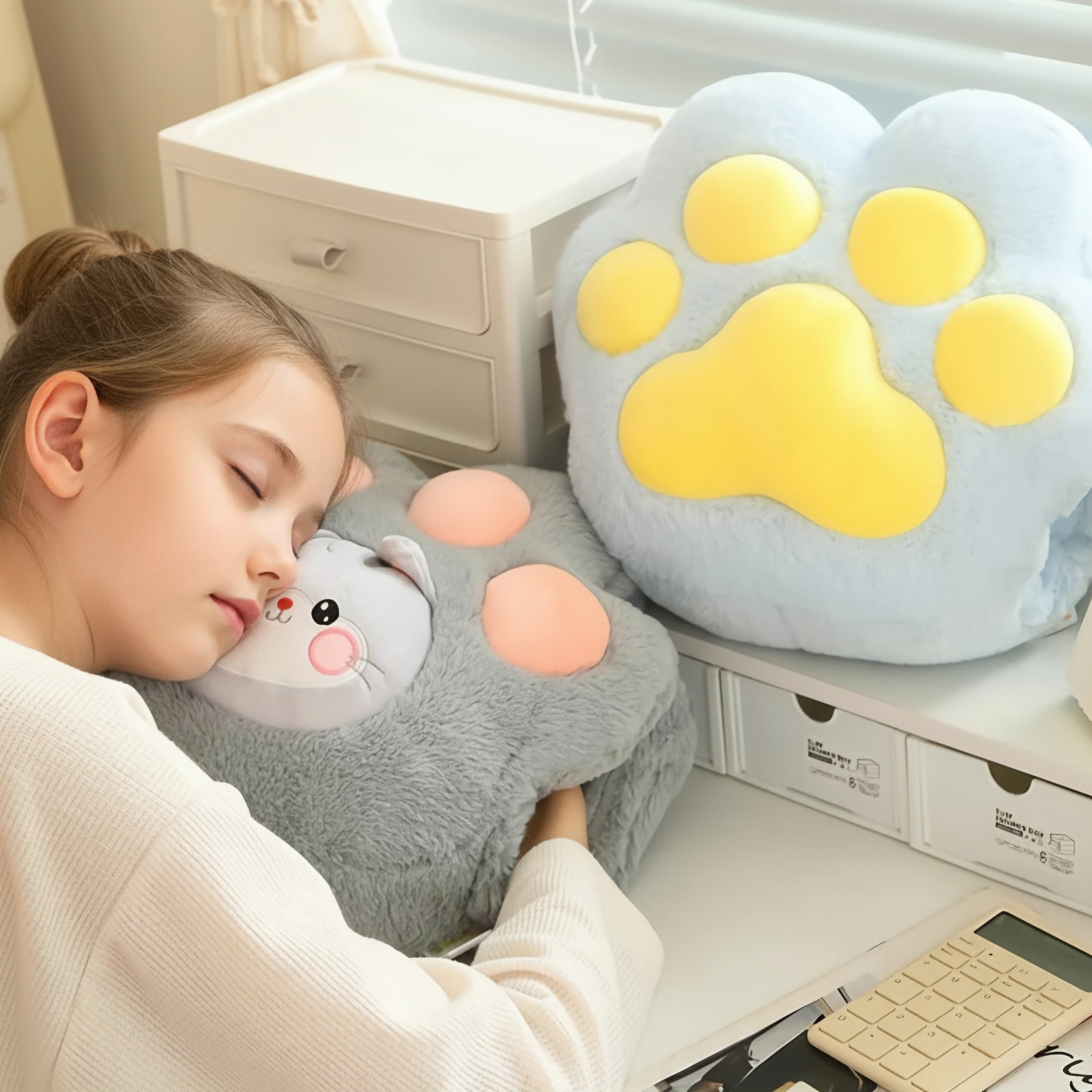 A child sleeps with a plush blanket shaped like a cat, resting on a paw-shaped pillow, in a cozy room setting.