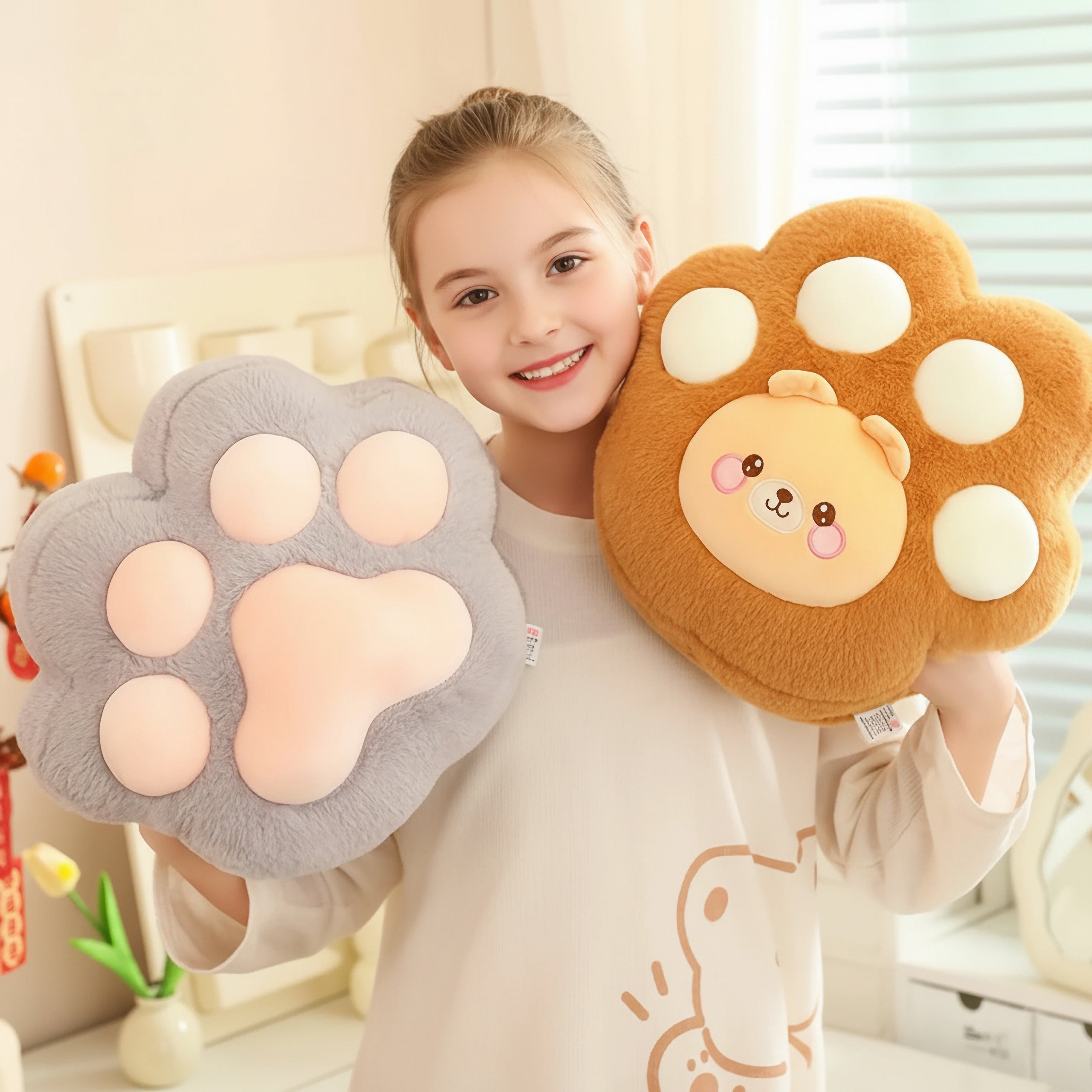 A girl holds two plush paw-shaped pillows, one gray and one brown, with a smiling bear face on the brown one.