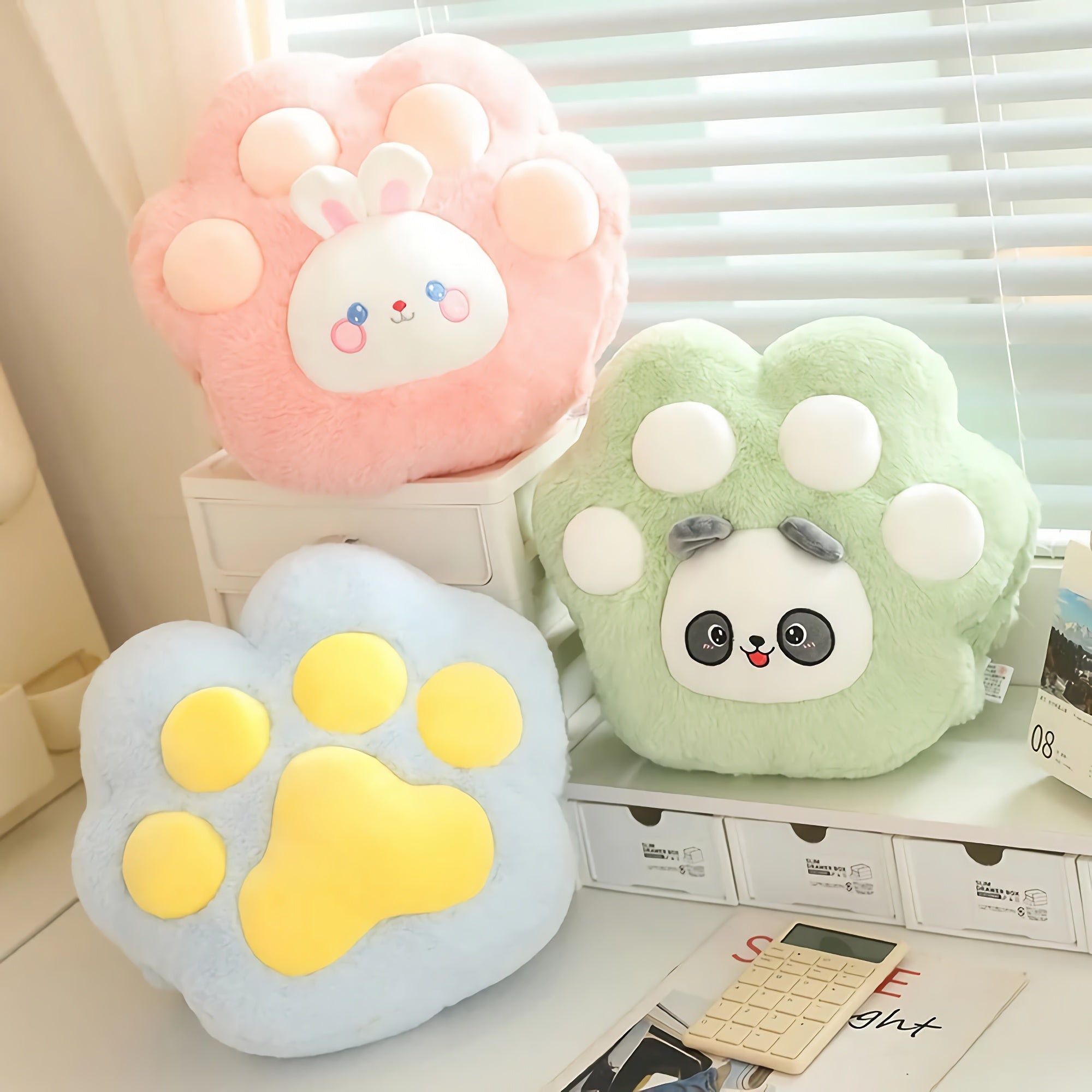 Three plush paw-shaped cushions with animal faces in pink, green, and blue on a desk.